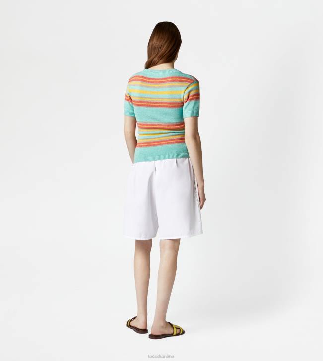 Tod\'s 8NXV554 svetlo modrá/žltá/oranžová ženy sveter z ľanovej zmesi s krátkym rukávom