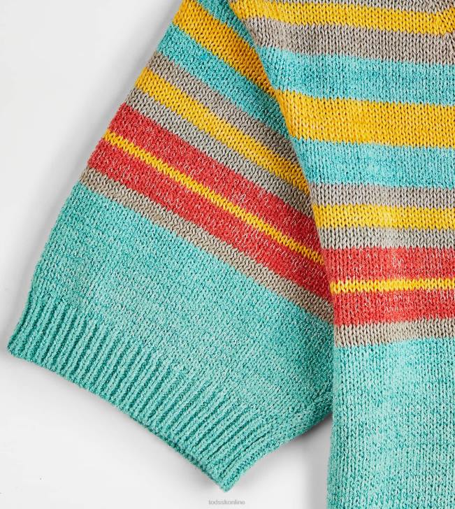 Tod\'s 8NXV554 svetlo modrá/žltá/oranžová ženy sveter z ľanovej zmesi s krátkym rukávom