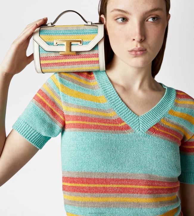 Tod\'s 8NXV452 sivobiela/svetlomodrá/žltá ženy t nadčasová crossbody kabelka z látky a kože mikro