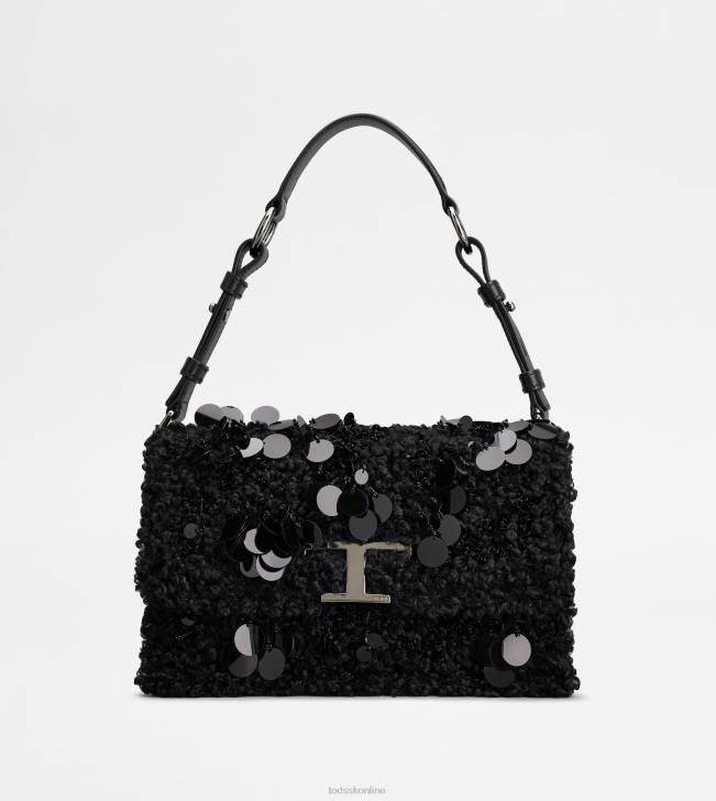 Tod's 8NXV409 čierna ženy t nadčasová taška cez rameno z umelej kožušiny a koženej mini